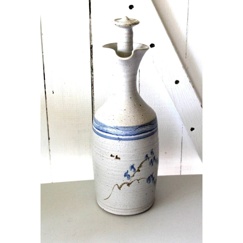 Art Pottery Stoneware Decanter Bottle w/ Stopper Blue Earth Tone Signed 11.5